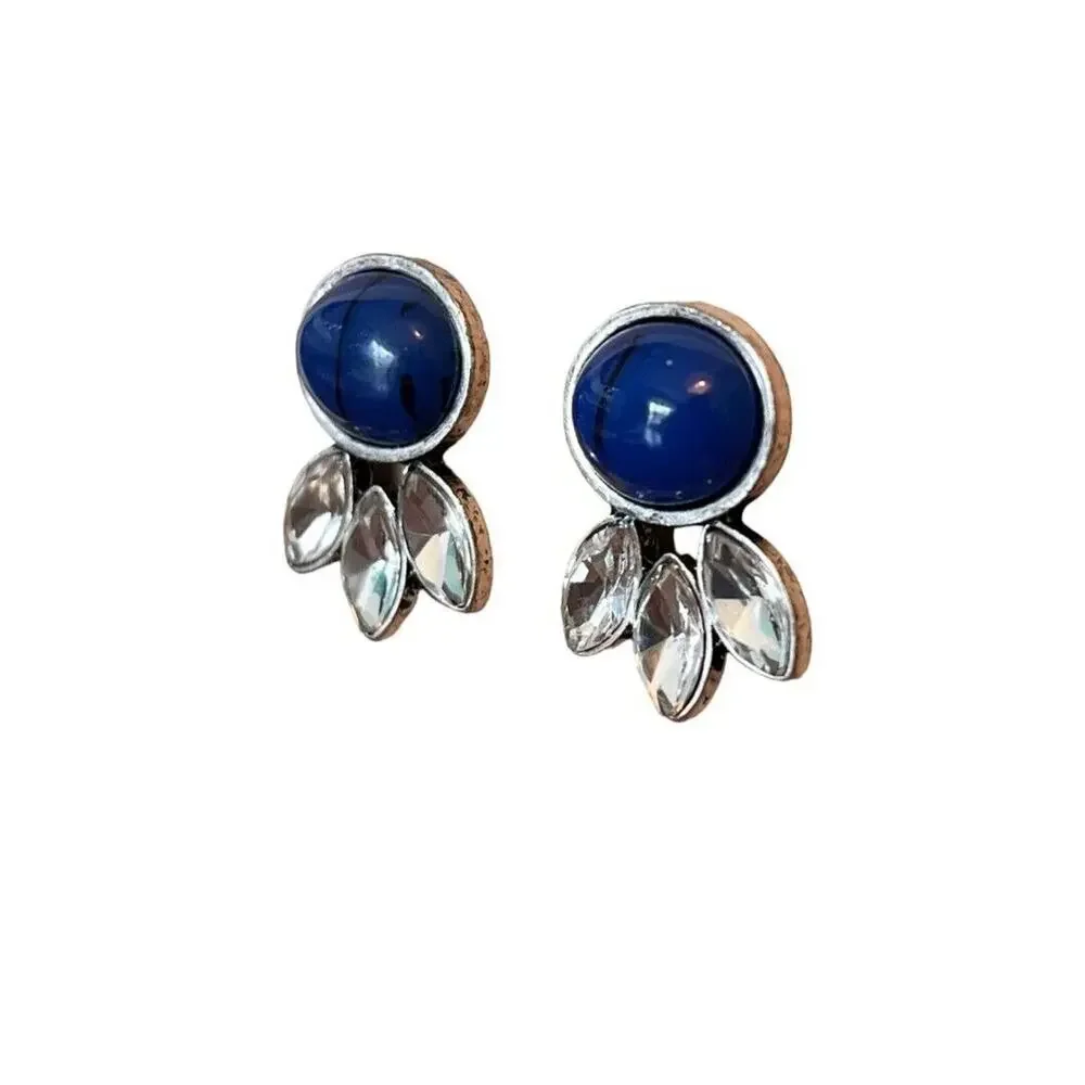 Blue Ink Acrylic Bead Rhinestone Post Earrings Silvertone .75